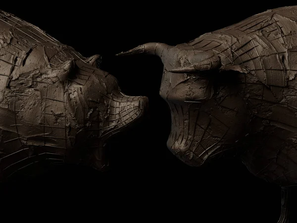 Duas Esculturas Argila Ferro Reforçadas Representando Touro Que Opõe Urso — Fotografia de Stock
