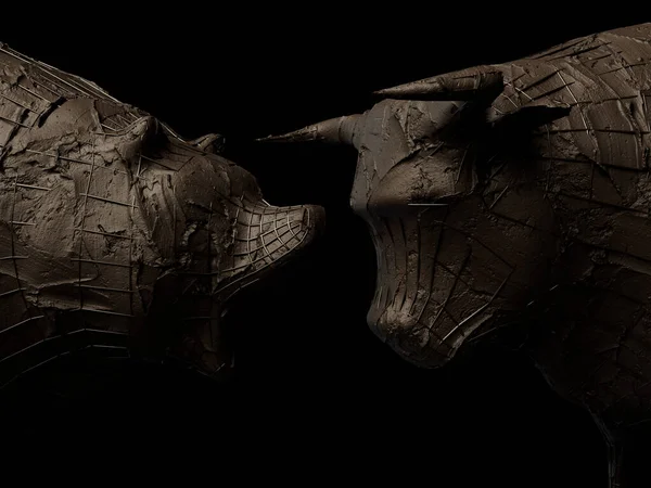 闇の劇的な光の中でクマと対峙する雄牛を描いた2つの粗い粘土と鉄の強化彫刻 3Dレンダリング — ストック写真