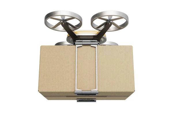 隔離された白い背景に箱を運ぶ飛行配達ドローンを示す概念 3Dレンダリング — ストック写真