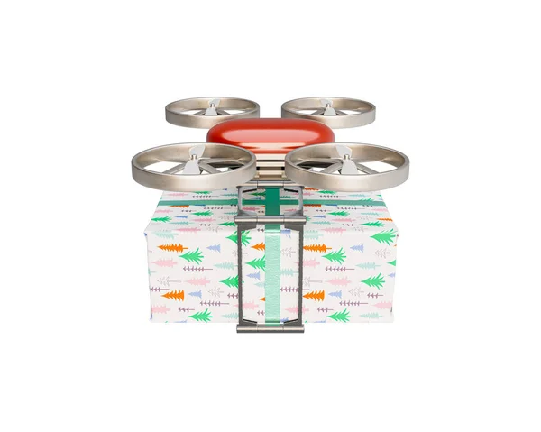 Koncepcja Pokazująca Latającego Drona Dostawczego Niosącego Pudełko Zapakowane Boże Narodzenie — Zdjęcie stockowe