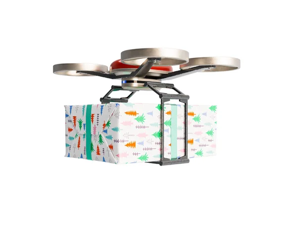 Concept Montrant Drone Livraison Volant Portant Coffret Cadeau Enveloppé Noël — Photo