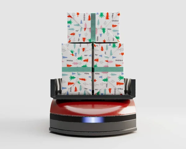 隔離された白い背景にクリスマスギフトボックスのスタックを運ぶ倉庫配達と物流ドローンを示す概念 3Dレンダリング — ストック写真