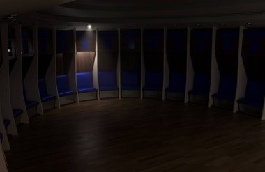 Yarı daire şeklinde odalardan yapılmış bir spor soyunma odası ve ahşap döşeme üzerinde yastıklı koltuklar.