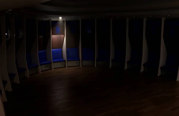 A sports locker room made of a semi circle of cubicles and a padded seats on wooden flooring - 3D render
