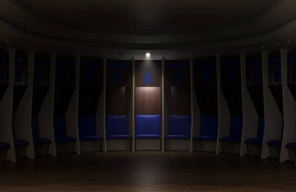 一个体育更衣室 由半圆形的小隔间和木制地板上的软垫座椅组成 3D渲染 — 图库照片