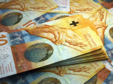 İsviçre parası. İsviçre frangı faturaları. CHF banknotları. 10 frank. İş, finans, haber geçmişi. 3d illüstrasyon.