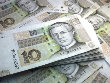 Hırvatistan 'ın parası. Hırvat kuna faturaları. HRK banknotları. 10 euro. İş, finans, haber geçmişi. 3d illüstrasyon.