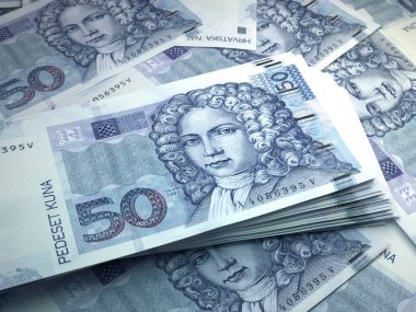 Hırvatistan 'ın parası. Hırvat kuna faturaları. HRK banknotları. 50 euro. İş, finans, haber geçmişi. 3d illüstrasyon.