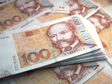 Hırvatistan 'ın parası. Hırvat kuna faturaları. HRK banknotları. 100 euro. İş, finans, haber geçmişi. 3d illüstrasyon.
