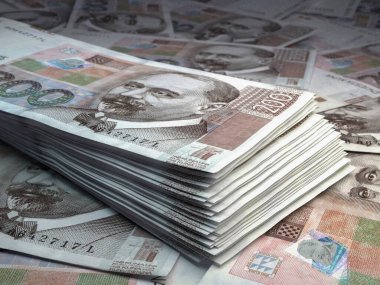 Hırvatistan 'ın parası. Hırvat kuna faturaları. HRK banknotları. 200 euro. İş, finans, haber geçmişi. 3d illüstrasyon.