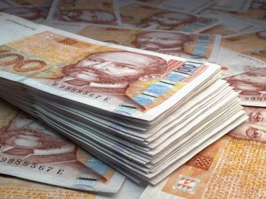Hırvatistan 'ın parası. Hırvat kuna faturaları. HRK banknotları. 100 euro. İş, finans, haber geçmişi. 3d illüstrasyon.