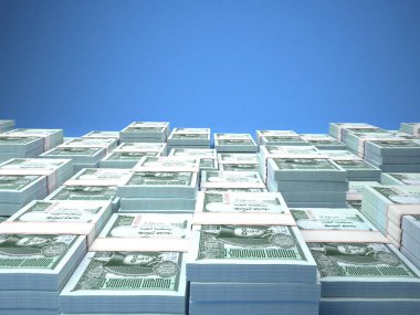 Moğolistan 'ın parası. Moğol Tugrik faturaları. MNT banknotları. 10 togrog. İş, finans, haber geçmişi. 3d illüstrasyon.