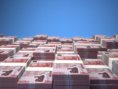 Paraguay 'ın parası. Guarani faturaları. PYG banknotları. 5000 İspanyol. İş, finans, haber geçmişi. 3d illüstrasyon.