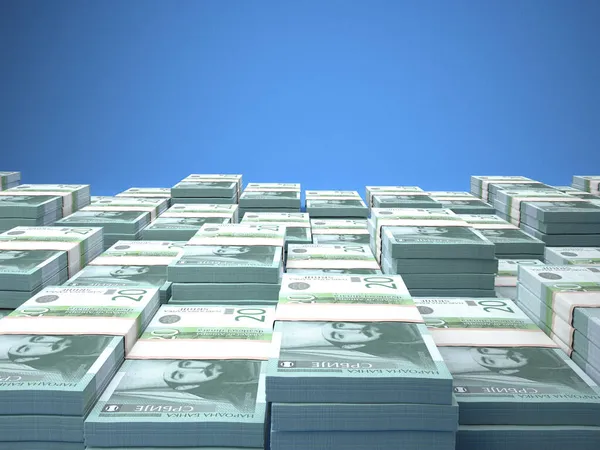 Sırbistan 'ın parası. Sırp dinarı faturaları. RSD banknotları. 20 dinar. İş, finans, haber geçmişi. 3d illüstrasyon.