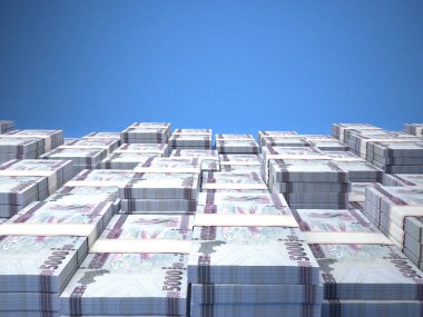 Gine parası. Frank faturaları. GNF banknotları. 5000 Fransız. İş, finans, haber geçmişi. 3d illüstrasyon.