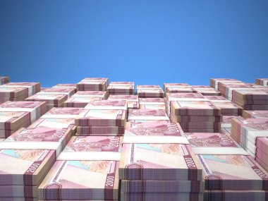 Özbekistan 'ın parası. Som faturaları. UZS banknotları. 2000 Özbek. İş, finans, haber geçmişi. 3d illüstrasyon.