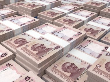 Bangladeş 'in parası. Taka faturaları. BDT banknotları. 5 Bengali. İş, finans, haber geçmişi. 3d illüstrasyon.