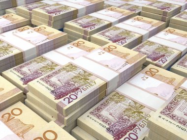 Beyaz Rusya 'nın parası. Beyaz Rusya rublesi banknotları. BYN banknotları. 20 Belaruslu. İş, finans, haber geçmişi. 3d illüstrasyon.