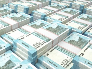 Hindistan 'ın parası. Hint Rupisi. INR banknotları. 50 rupi. İş, finans, haber geçmişi. 3d illüstrasyon.