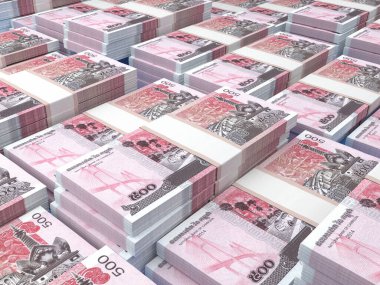 Kamboçya 'nın parası. Riels faturaları. KHR banknotları. 500 Khmer. İş, finans, haber geçmişi. 3d illüstrasyon.
