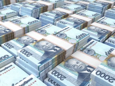 Laos 'un parası. Kik faturaları. LAK banknotları. 2000 Lao. İş, finans, haber geçmişi. 3d illüstrasyon.