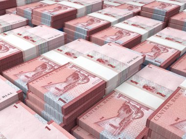 Umman 'ın parası. Rial faturaları. OMR banknotları. 1 Arapça. İş, finans, haber geçmişi. 3d illüstrasyon.