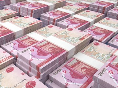 Özbekistan 'ın parası. Som faturaları. UZS banknotları. 2000 Özbek. İş, finans, haber geçmişi. 3d illüstrasyon.