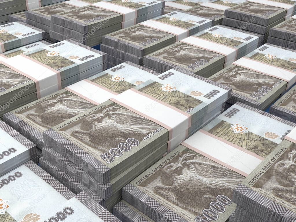 Money of Syria. Pound  bills. SYP banknotes. 5000 Arabic. Business, finance, news background. 3d illustration.