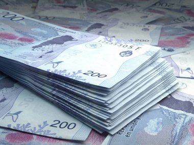 Arjantin 'in parası. Arjantin Peso faturaları. ARS banknotları. 200 peso. İş, finans, haber geçmişi. 3d illüstrasyon.