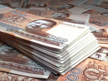 Kamboçya 'nın parası. Riels faturaları. KHR banknotları. 100 Khmer. İş, finans, haber geçmişi. 3d illüstrasyon.