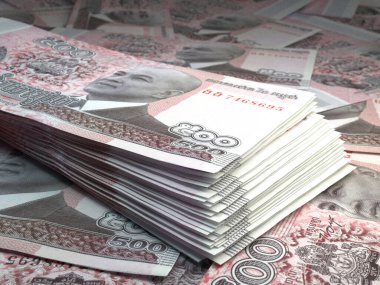 Kamboçya 'nın parası. Riels faturaları. KHR banknotları. 500 Khmer. İş, finans, haber geçmişi. 3d illüstrasyon.