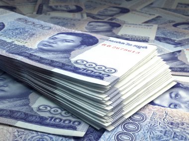Kamboçya 'nın parası. Riels faturaları. KHR banknotları. 1000 Khmer. İş, finans, haber geçmişi. 3d illüstrasyon.