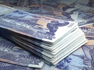 Kamboçya 'nın parası. Riels faturaları. KHR banknotları. 1000 Khmer. İş, finans, haber geçmişi. 3d illüstrasyon.