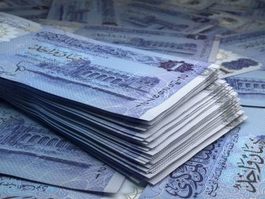 Libya 'nın parası. Libya dinarı faturaları. LYD banknotları. 1 dinar. İş, finans, haber geçmişi. 3d illüstrasyon.