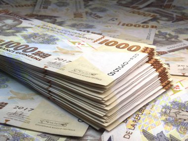Gine parası. Frank faturaları. GNF banknotları. 1000 Fransız. İş, finans, haber geçmişi. 3d illüstrasyon.