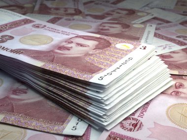 Tacikistan 'ın parası. Somoni faturaları. TJS banknotları. 3 Tacik. İş, finans, haber geçmişi. 3d illüstrasyon.