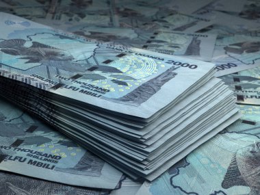 Uganda 'nın parası. Şilin faturaları. UGX banknotları. 2000 Ganga. İş, finans, haber geçmişi. 3d illüstrasyon.