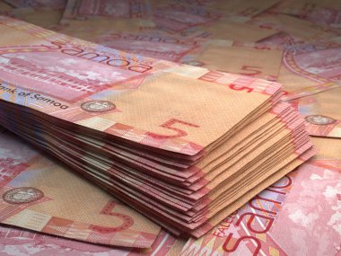 Samoa 'nın parası. Tala faturaları. WST banknotları. 5 Samoalı. İş, finans, haber geçmişi. 3d illüstrasyon.
