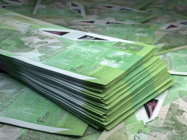 Doğu Karayip dolarının parası. Dolar banknotları. XCD banknotları. 5 İngilizce. İş, finans, haber geçmişi. 3d illüstrasyon.
