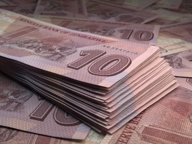 Zimbabwe 'nin parası. Zimbabve dolarları. ZWL banknotları. 10 dolar. İş, finans, haber geçmişi. 3d illüstrasyon.