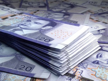 Fas 'ın parası. Dirham faturaları. Çılgın banknotlar. 20 Arapça. İş, finans, haber geçmişi. 3d illüstrasyon.