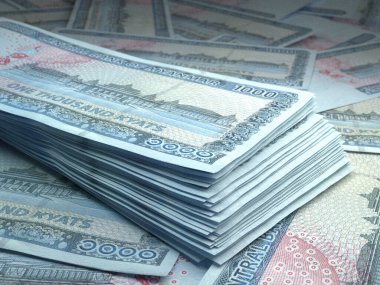 Myanmar 'ın parası. Kyat faturaları. MMK banknotları. 1000 Birmanyalı. İş, finans, haber geçmişi. 3d illüstrasyon.