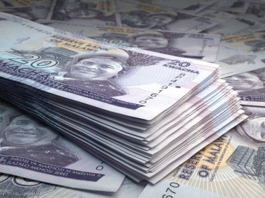Malavi 'nin parası. Kwacha faturaları. MWK banknotları. 20 Nyanja. İş, finans, haber geçmişi. 3d illüstrasyon.