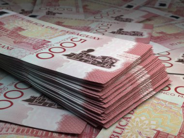 Paraguay 'ın parası. Guarani faturaları. PYG banknotları. 5000 İspanyol. İş, finans, haber geçmişi. 3d illüstrasyon.