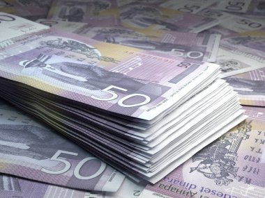 Sırbistan 'ın parası. Sırp dinarı faturaları. RSD banknotları. 50 dinar. İş, finans, haber geçmişi. 3d illüstrasyon.