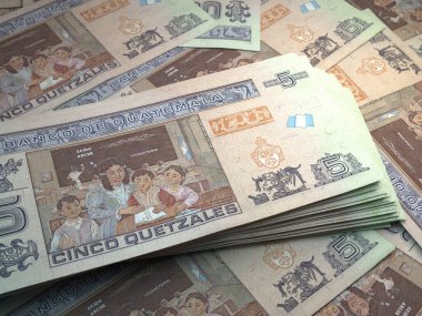 Guatemala 'nın parası. Quetzal faturaları. GTQ banknotları. 5 İspanyol. İş, finans, haber geçmişi. 3d illüstrasyon.