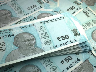 Hindistan 'ın parası. Hint Rupisi. INR banknotları. 50 rupi. İş, finans, haber geçmişi. 3d illüstrasyon.