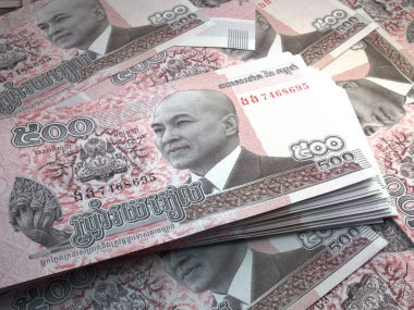 Kamboçya 'nın parası. Riels faturaları. KHR banknotları. 500 Khmer. İş, finans, haber geçmişi. 3d illüstrasyon.