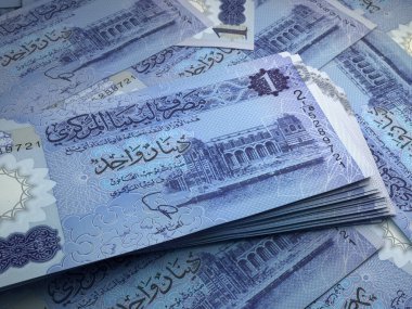 Libya 'nın parası. Libya dinarı faturaları. LYD banknotları. 1 dinar. İş, finans, haber geçmişi. 3d illüstrasyon.