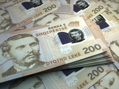 Money of Albania. Lek  bills. ALL banknotes. 200 Albanian. Business, finance, news background. 3d illustration. clipart